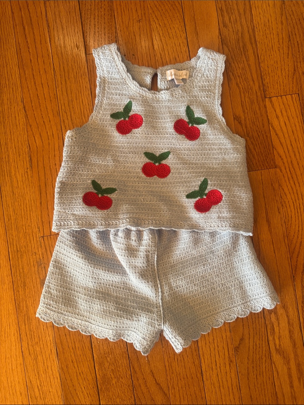 Light Blue Crochet Cherry Kids Matching Set - Top & Shorts